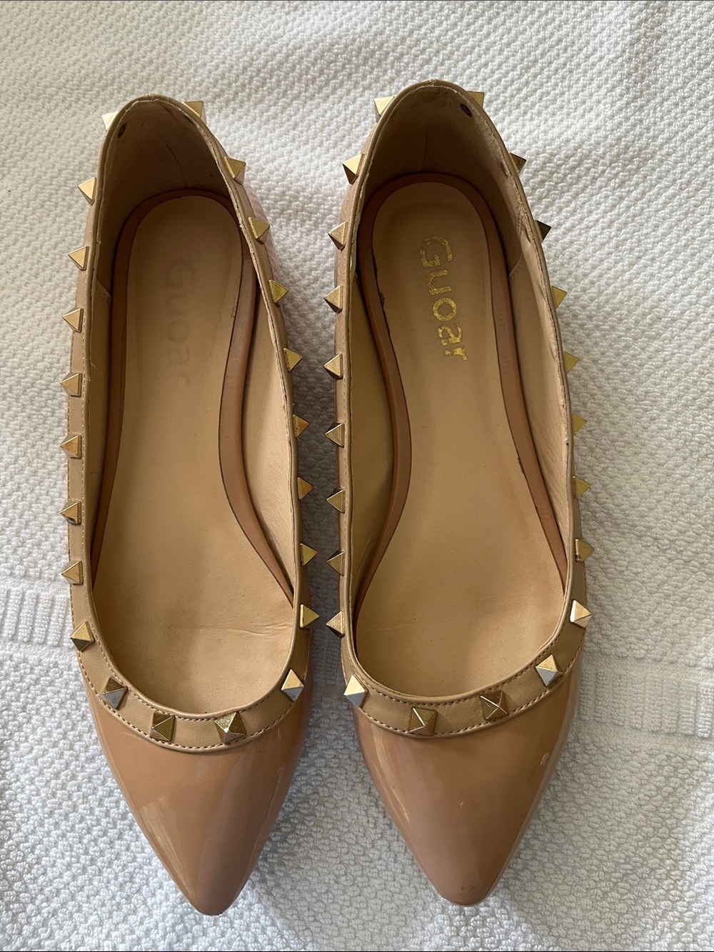 Nude Patent Pointed-Toe Studded Ballet Flats